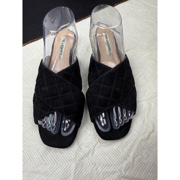 Karl Lagerfield Paris Rae Black Quilted Leather Upper Slides Size 8.5M - Picture 2 of 10